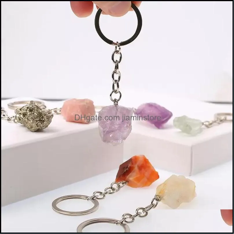 natural raw ore stone keychain gem quartz fluorite key ring citrine lapis lazuli amethyst irregular chain pendants car key holder charms