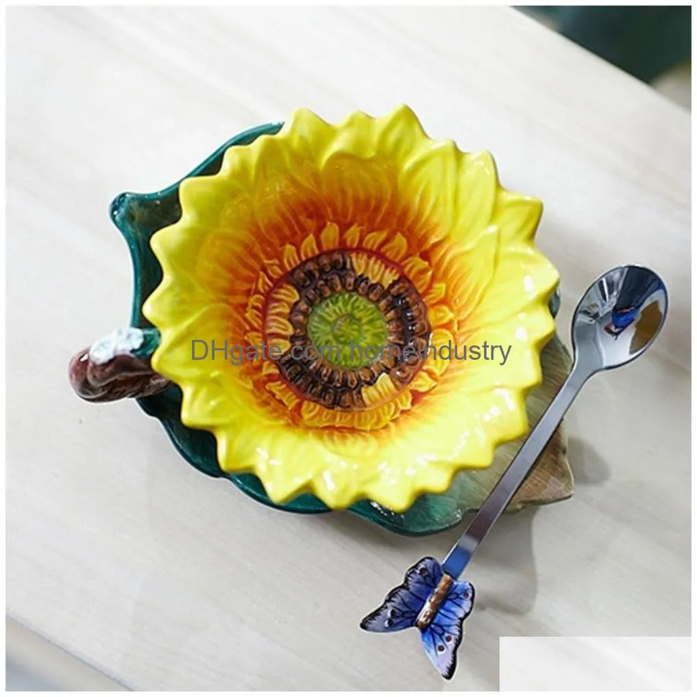 cups saucers 150 ml creative sunflower enamel porcelain ceramic taza mugs set cup original home decor porcelain butterfly spoon coffee cups