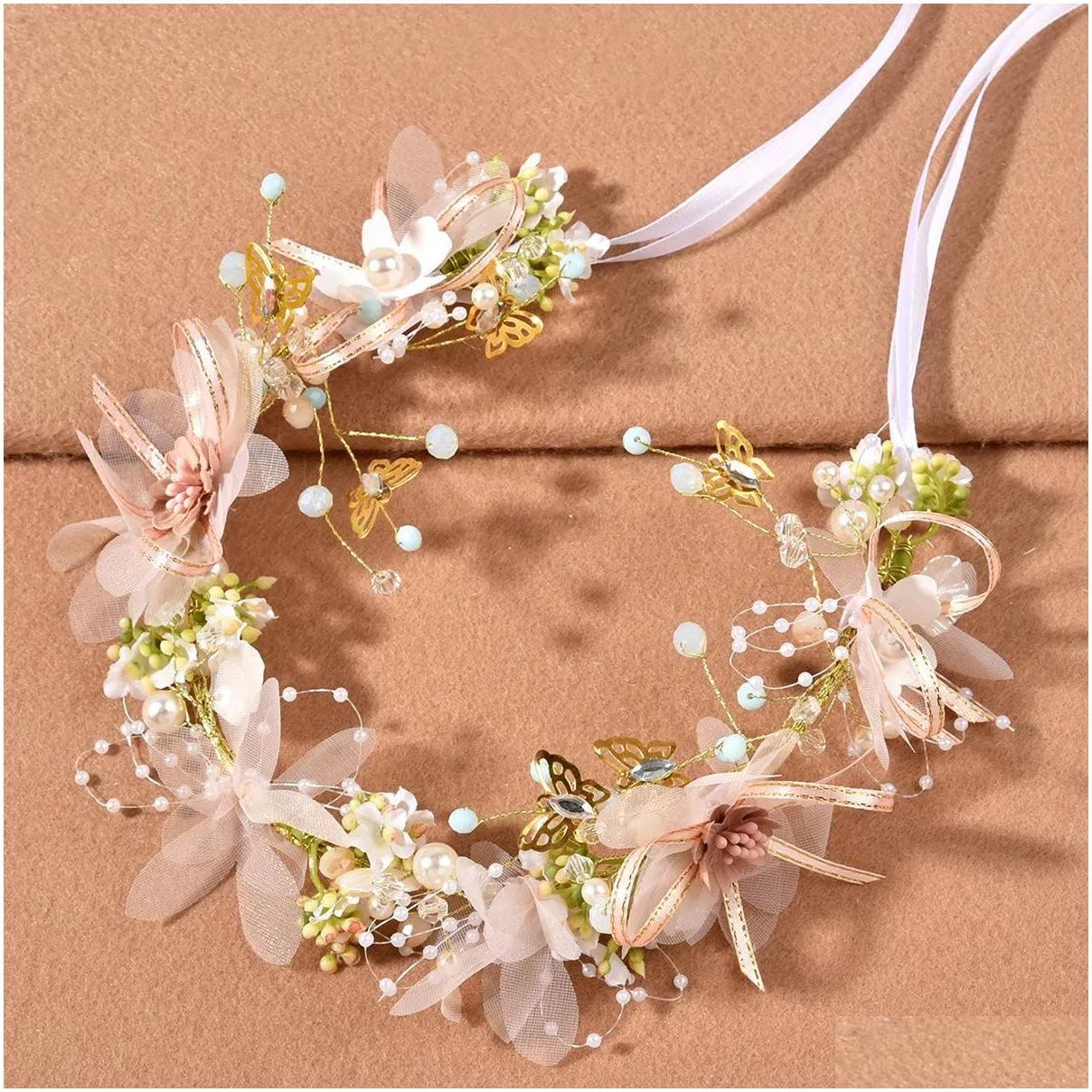 floral crowns for girls fairy tale flowers bridal tiara headpieces pearls beaded ribbon headband wedding party hair accessories women headdress