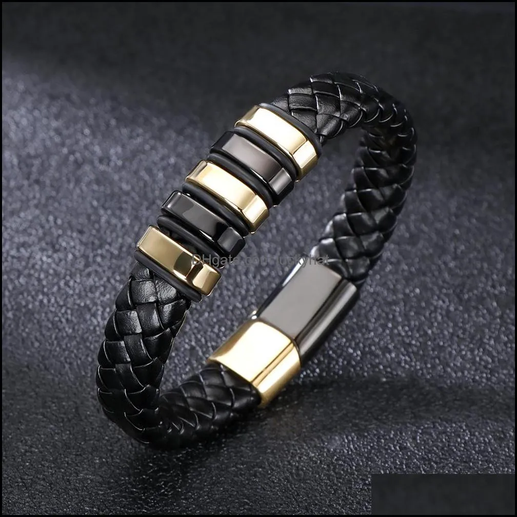 handmade braided leather wristband bracelets for men link chain strand fashion magnetic clasp black cord vintage wrist band rope cuff bangle