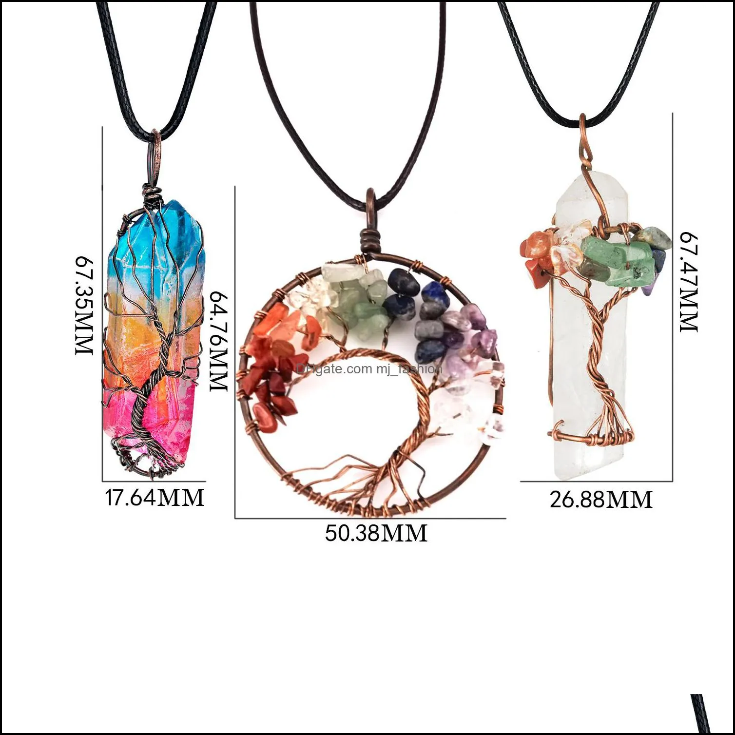 3 pieces tree life pendant quartz crystal necklace chakra gemstone copper silver wire wrap