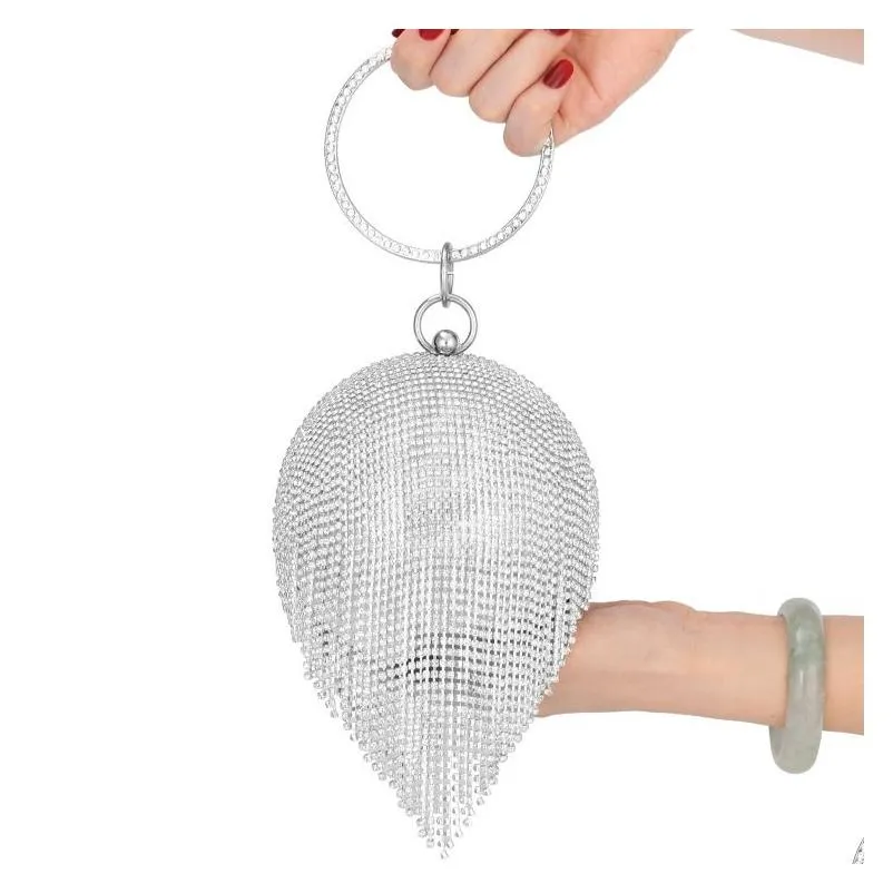 sliver diamonds rhinestone round ball evening handbags for women sparkly crystals fashion mini tassels clutch bag ladies ring handbag round clutches