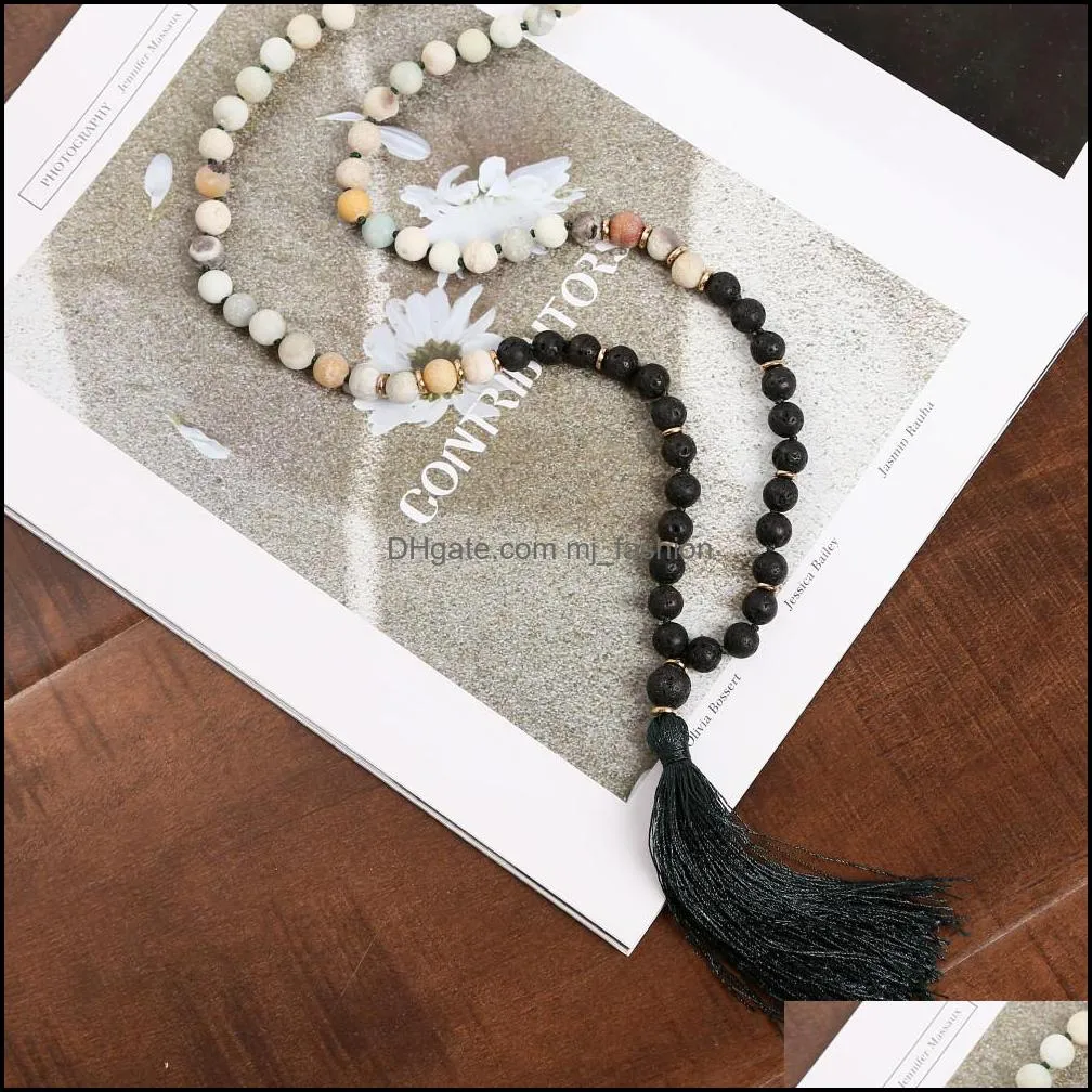 long matte amazonite stone necklace wrap bracelets with tassel pendant women men handmade jewelry for yoga buddhist meditation rosary