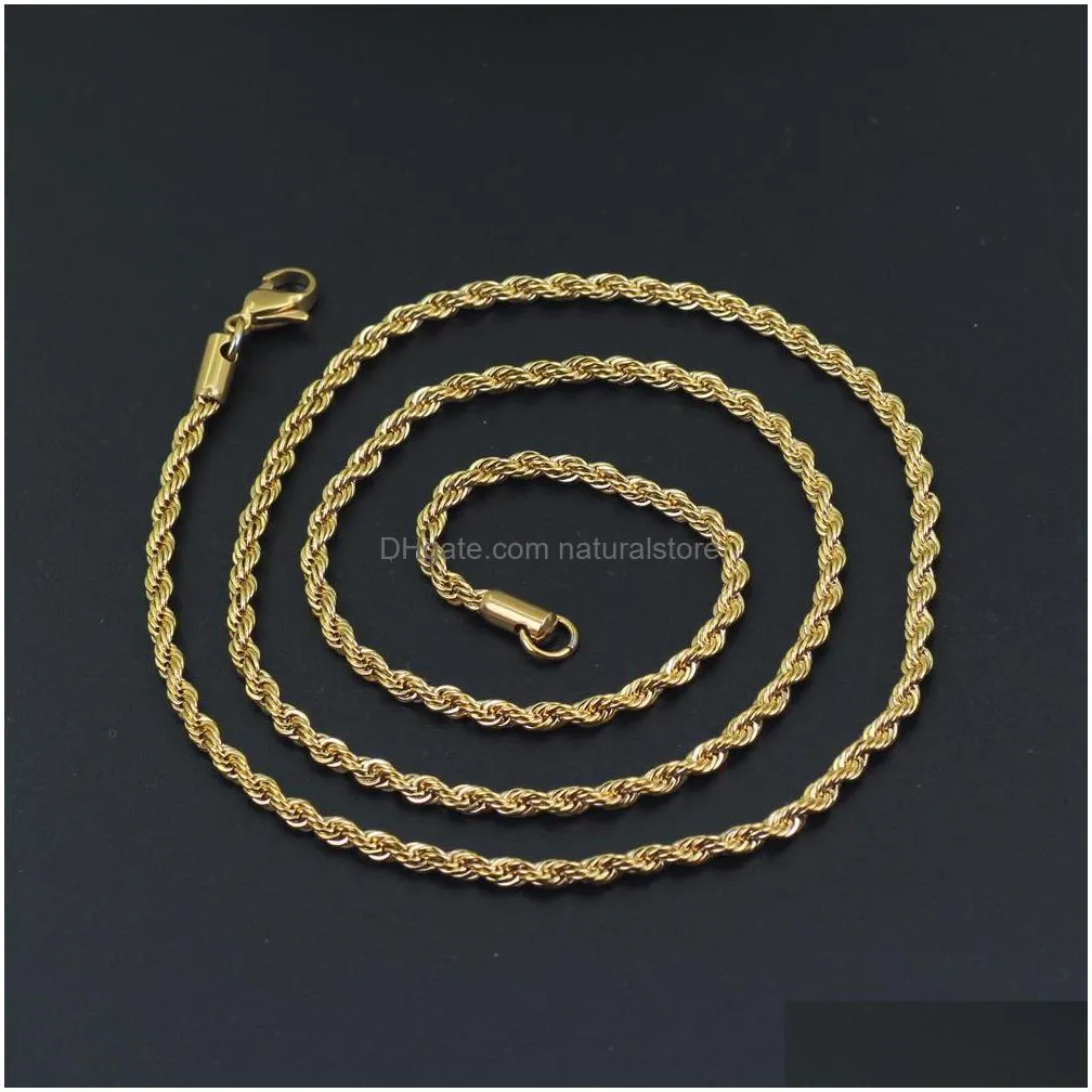 hip hop 18k gold plated stainless steel 3mm twisted rope chain womens choker necklace for men hiphop jewelry gift in bulk