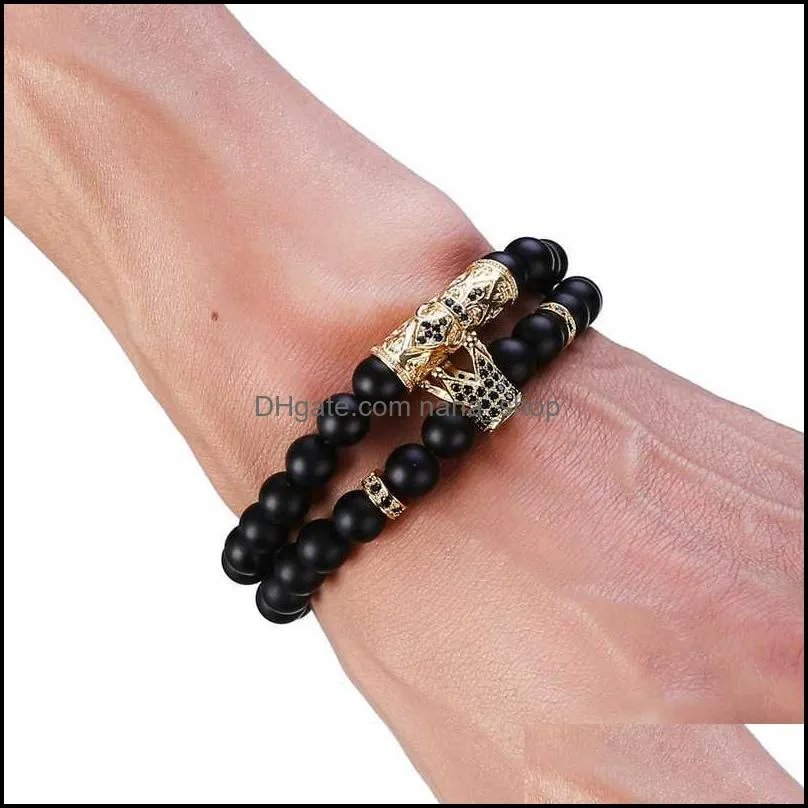 2 set bracelets matte black onyx 8mm crown men and women tattoo personality friendship gift bracelet