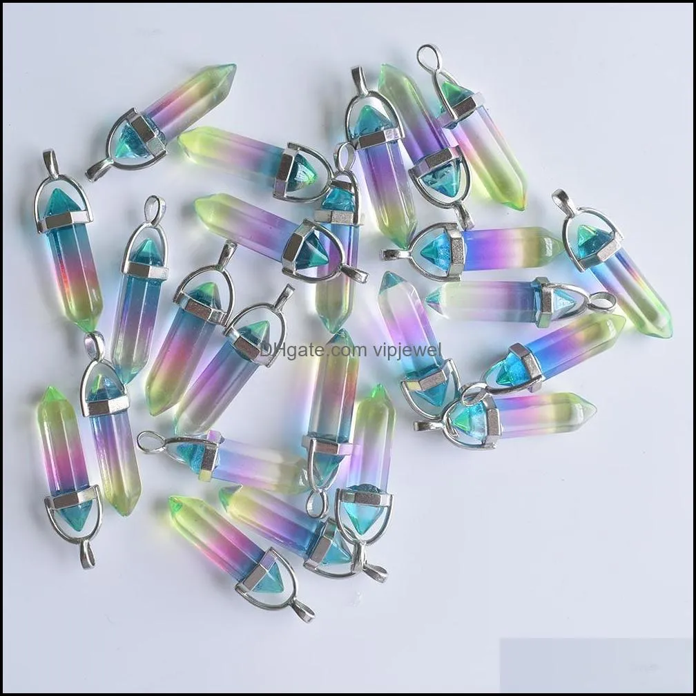 fashion hexagon glass colorfull pillar point charm pendant for jewelry pendants making wholesale
