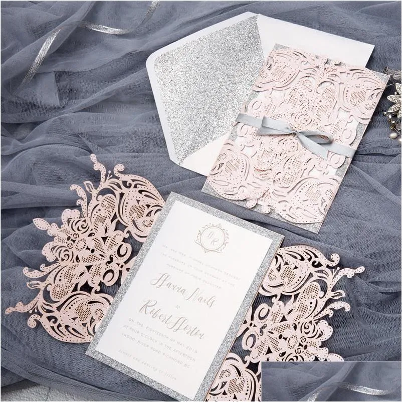 european light pink wedding invitation card laser cut floral wedding card glittering engagement baptism invitations