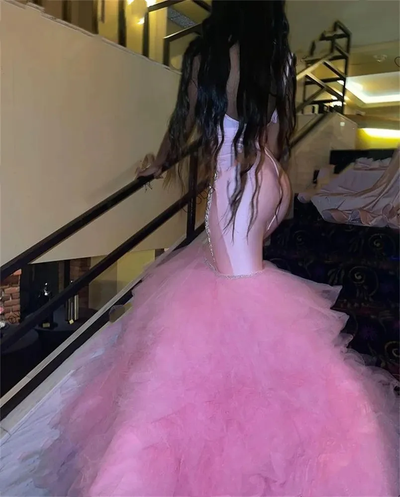 Charming Pink Sheer O Neck Long Prom Dress For Black Girls 2023 Beaded Crystal Birthday Party Dresses Ruffles Evening Gown