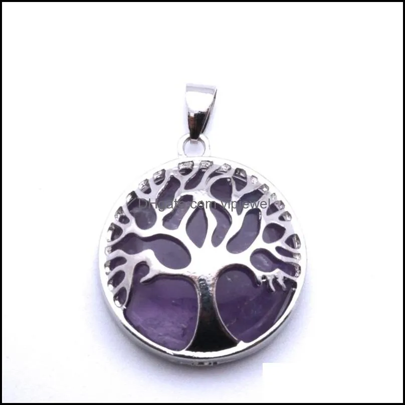 women men tree of life charm round quartz crystal healing stones pendant amethysts tiger eye lapis lazuli opal diy jewelry making