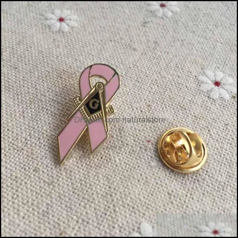 100pcs awareness of breast cancer pins badge masonic master mason awareness pink ribbon lapel pin with square and compass g