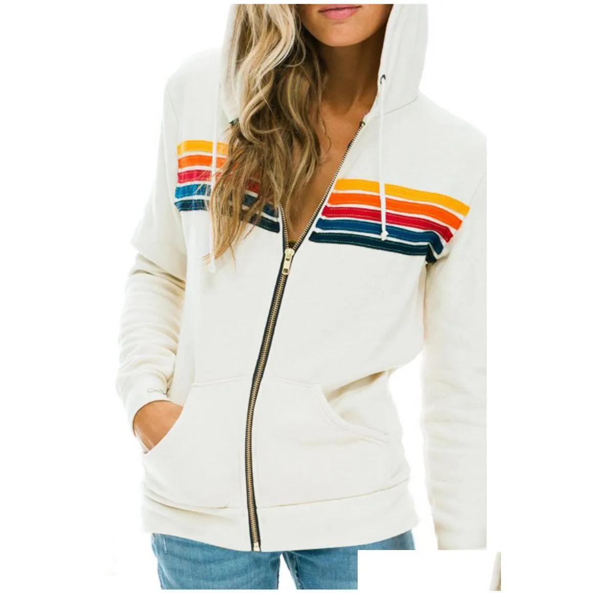 designers hoodie hooded sweatshirt womens hoodies sweatshirts women fashion hoody oversized rainbow stripe long sleeve sweatshirts zipper pocket coat