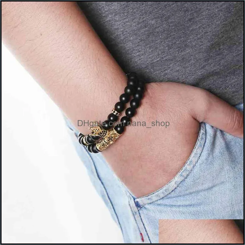 2 set bracelets matte black onyx 8mm crown men and women tattoo personality friendship gift bracelet