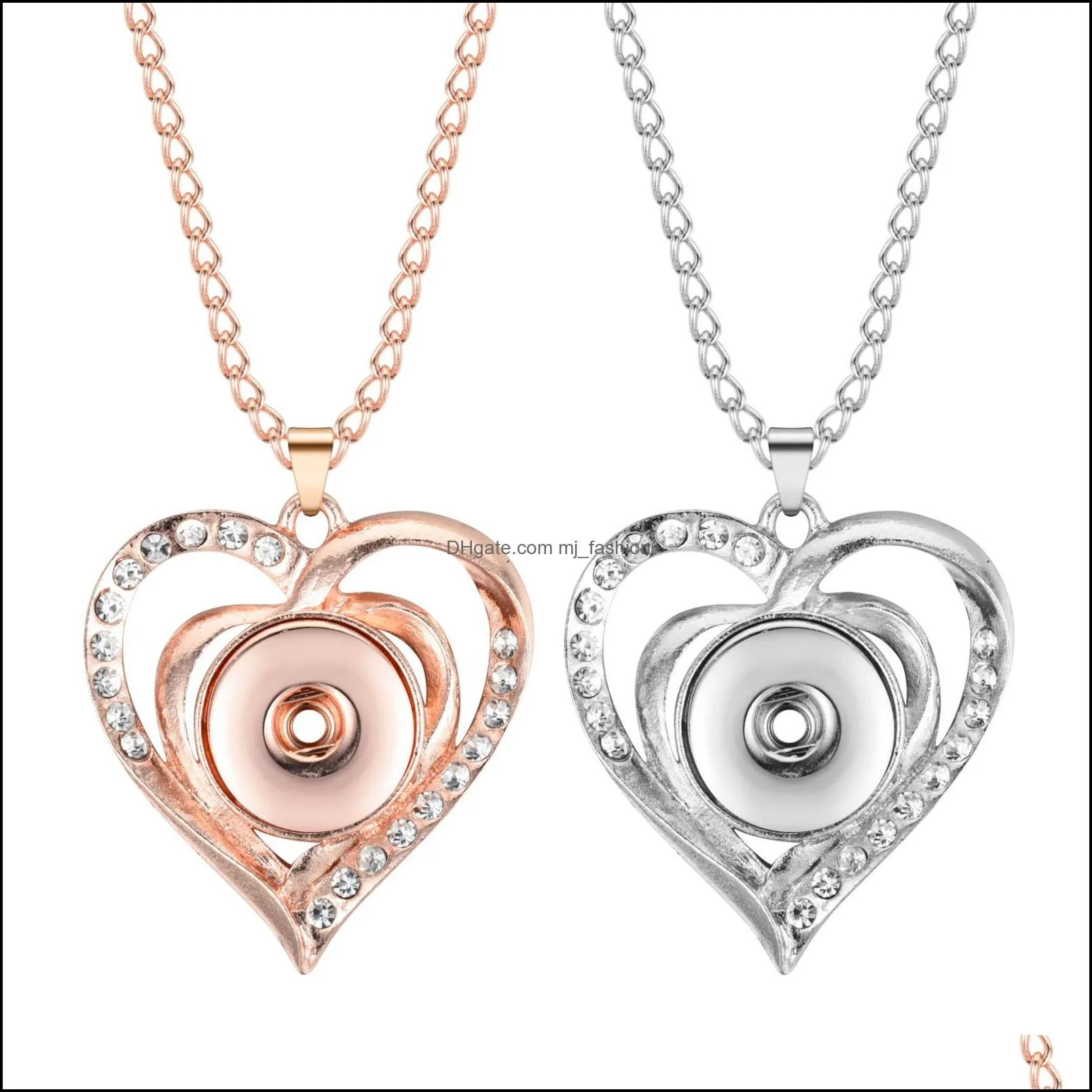 snap button jewelry rhinestone silver rose gold heart shape pendant fit 18mm snaps buttons necklace for women men noosa