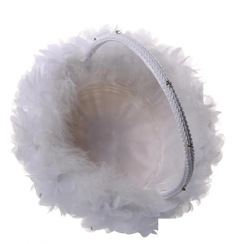 white ostrich feather flower girl basket elegant lace rhinestone bridal flower basket wedding favors wedding accessories