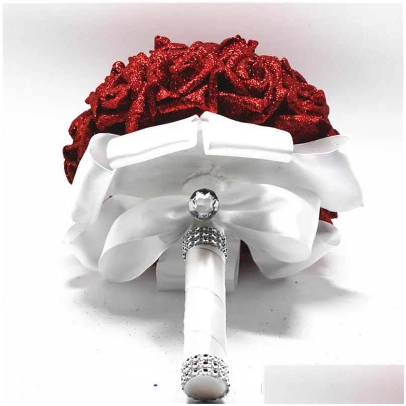 wedding bridal bouquets with handmade flowers sequins red rose artificial flower bouquet wedding supplies bride holding brooch bouquet