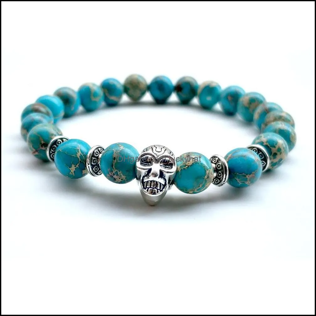 10pc/set natural 8mm stone beads bracelet punk skeleton head gifts for men women handmade jewelry