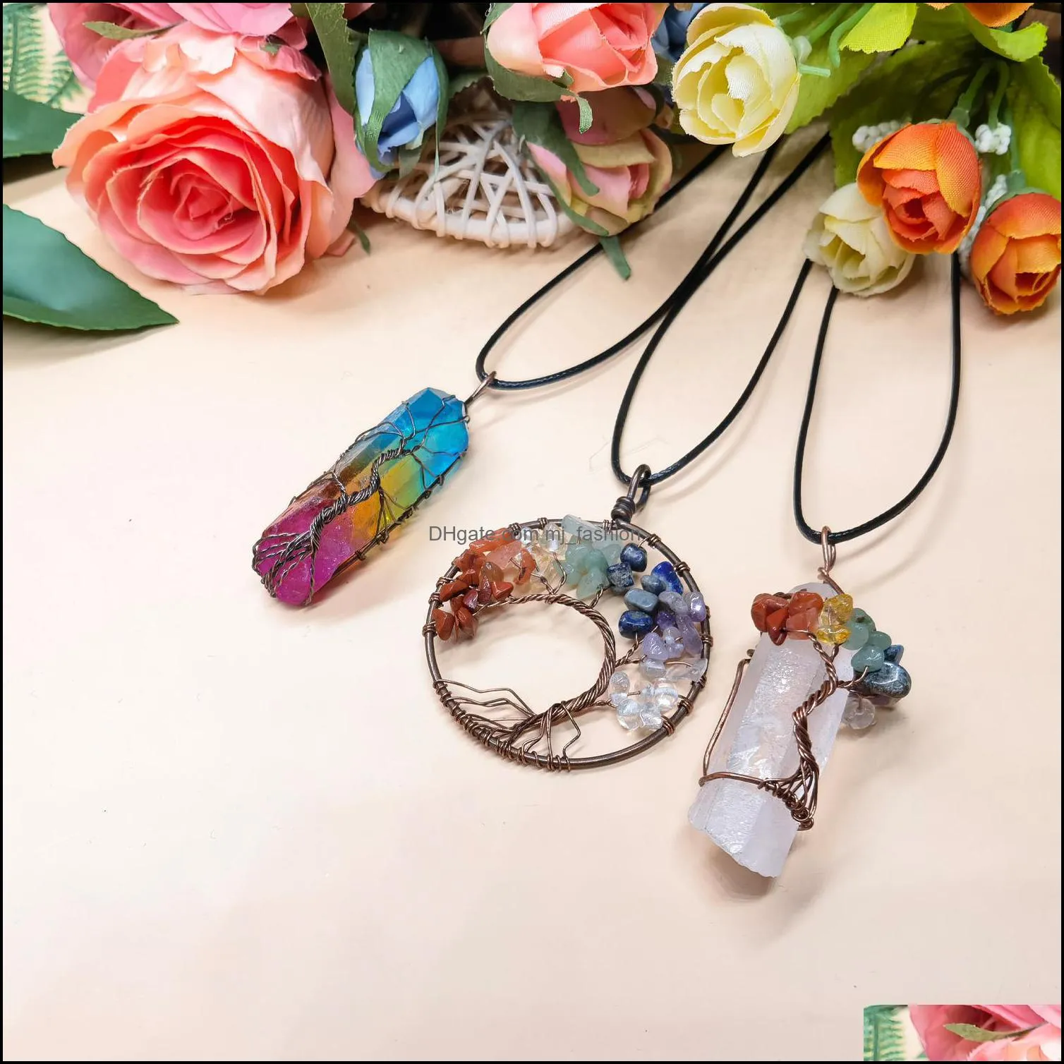 3 pieces tree life pendant quartz crystal necklace chakra gemstone copper silver wire wrap