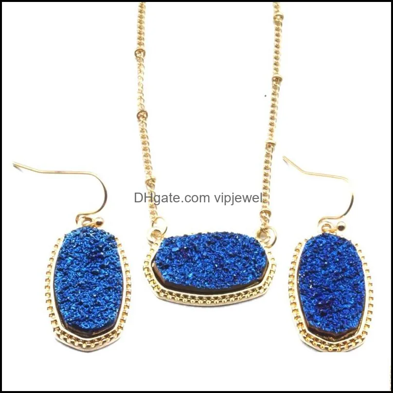 designer oval drusy druzy necklace dangle earrings jewelry set gold plated druse choker women wedding party