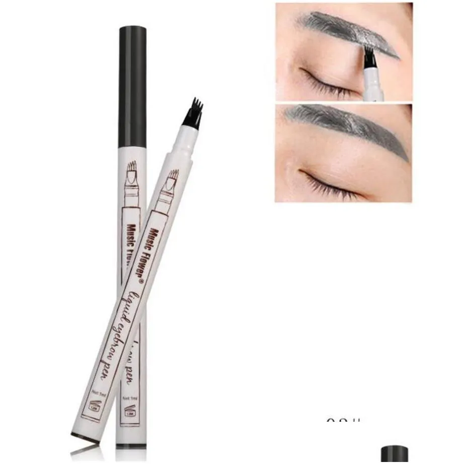 hot music flower liquid eyebrow pen enhancer four head eyebrow enhancer waterproof 3 colors chestnut brown dark grey makeup