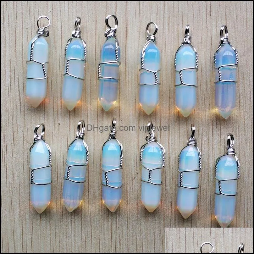 opal stone pillar shape point pendulum charms handmade silver color iron wire pendants for fashion jewelry making wholesale