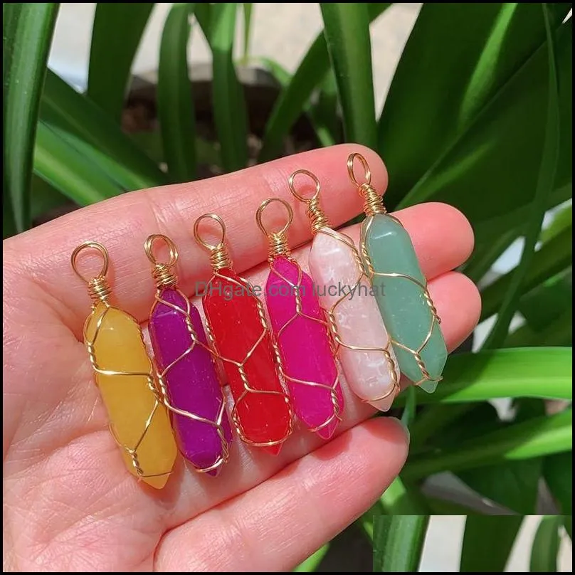 natural crystal stone reiki chakra charms gold wire wrap multicolor rose quartz purple amethyst bullet point hexagonal pendulum