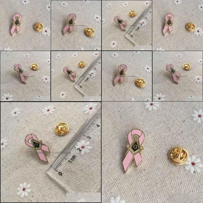 100pcs awareness of breast cancer pins badge masonic master mason awareness pink ribbon lapel pin with square and compass g