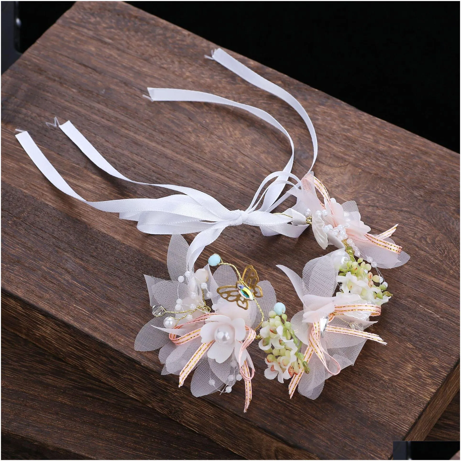 floral crowns for girls fairy tale flowers bridal tiara headpieces pearls beaded ribbon headband wedding party hair accessories women headdress