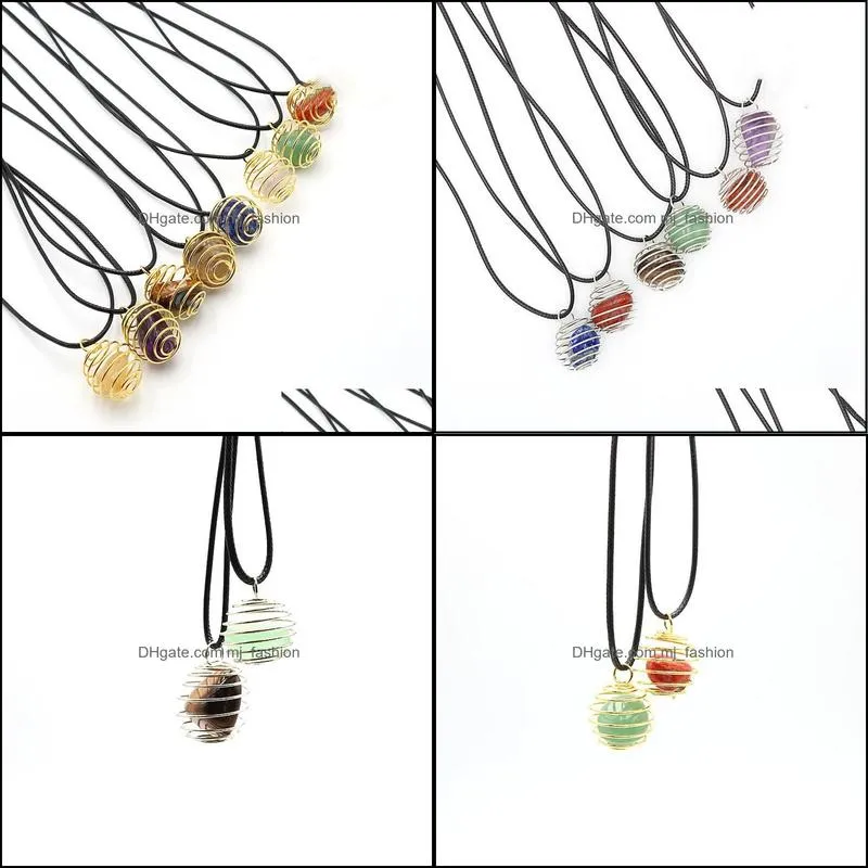 gold siver alloy spring cage stone pendant chakra rose tiger eye irregular stones rope chain necklaces wholesale energy pendants necklace