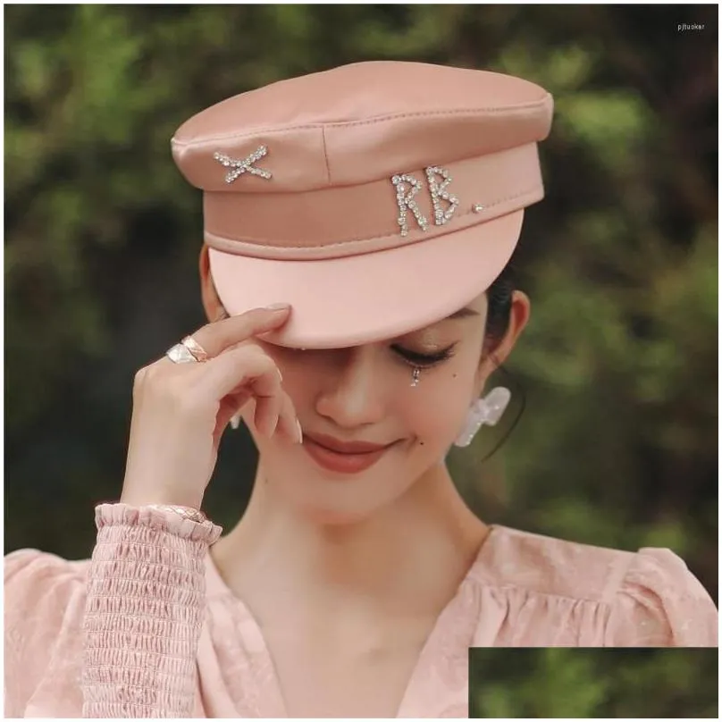 berets 2022 brand designer spring summer caps women twocolored sboy cap crystalembellished satin baker boy hat