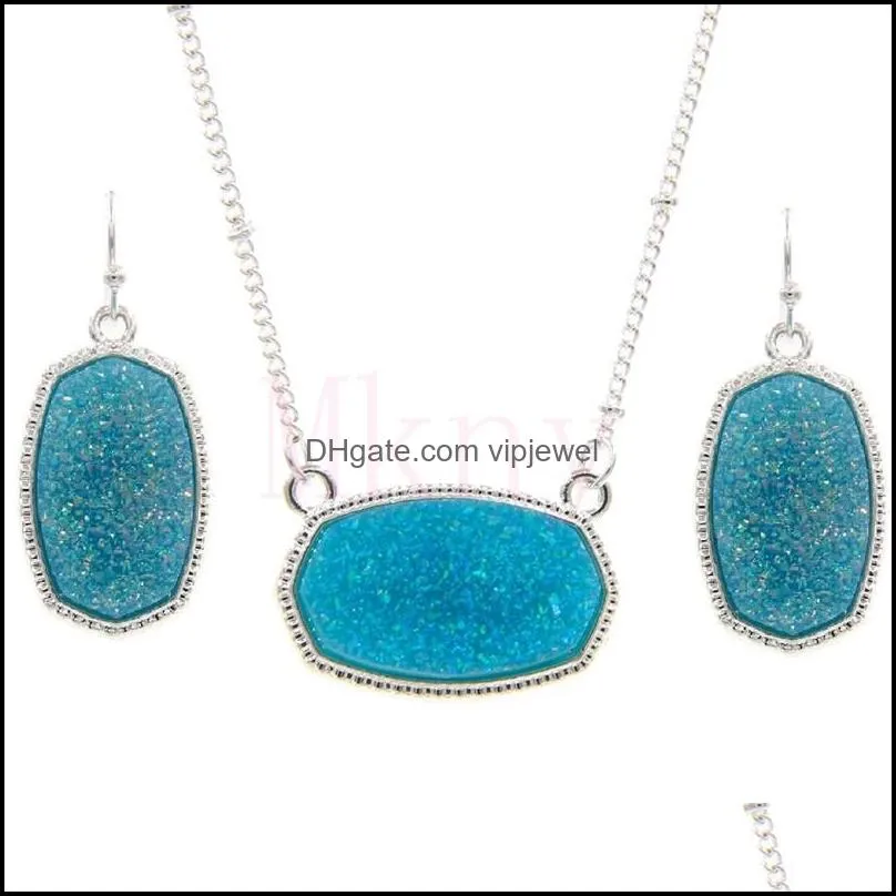 oval style resin drusy druzy silver necklace earings luxury designer jewelry set for women wedding party gift christmas