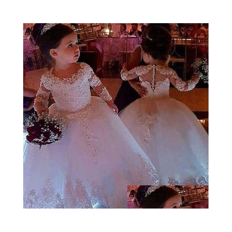 little girls pageant wedding dresses for flower girls lace appliqued long sleeves princess kids todder party birthday formal ball gowns first communion
