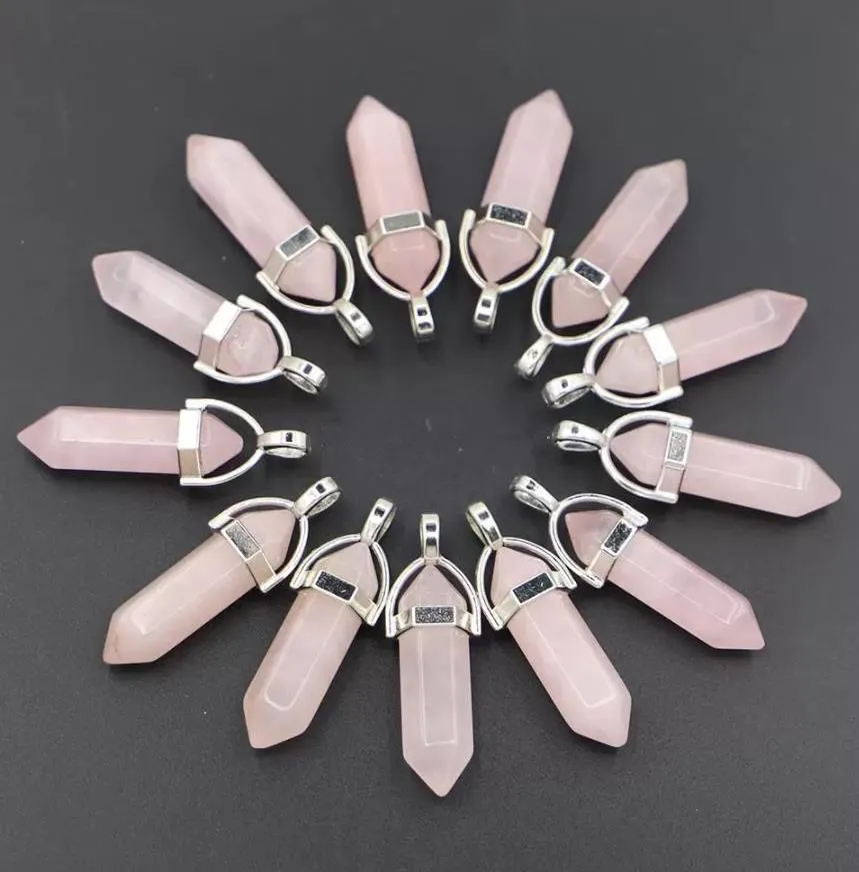 natural stone rose quartz hexagonal column pillar charm pendants for diy women jewelry accessories new design necklaces