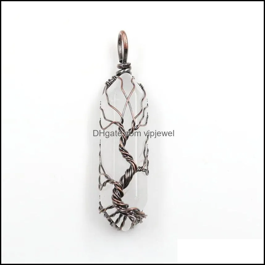 retrotree of life wire wrapped crystal pillar charm round rose quartz healing blue white stones pendant diy jewelry making