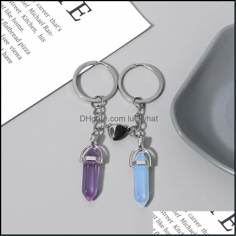 2pcs/set lover keychains natural stone keyrings hexagonal crystal pendant tiger eye key rings chain for women men car key holderdecor