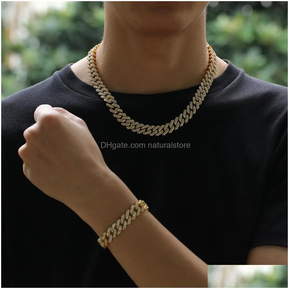 12mm mens iced out necklace bracelet bangle set for women s thick heavy bling  cuban link chain hip hop rapper luxury jewelry
