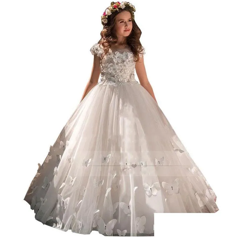 formal occasion butterfly kids flower girls dresses first communion party prom dress princess gown bridesmaid wedding dresses with