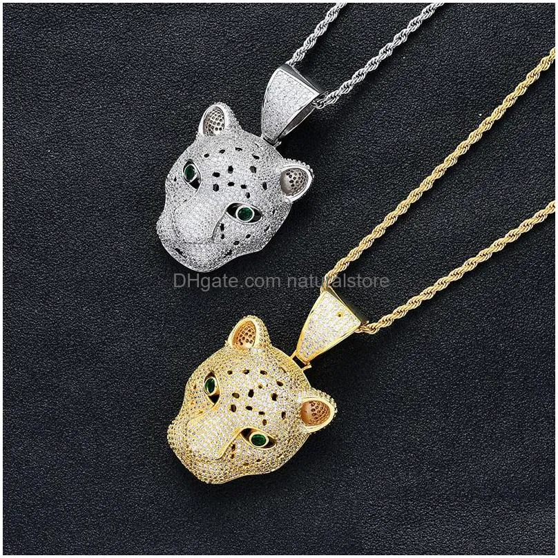 iced out green eye leopard head necklace for women bling cz zirconia animal pendant gold silver chains women hip hop rapper jewelry