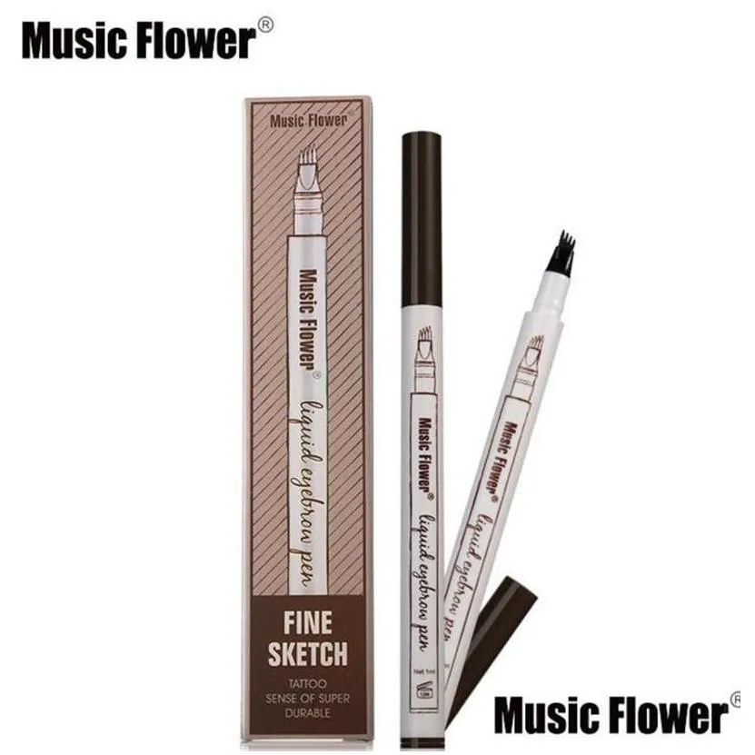 music flower liquid eyebrow pen enhancer four head eyebrow enhancer waterproof 3 colors chestnut brown dark grey makeup