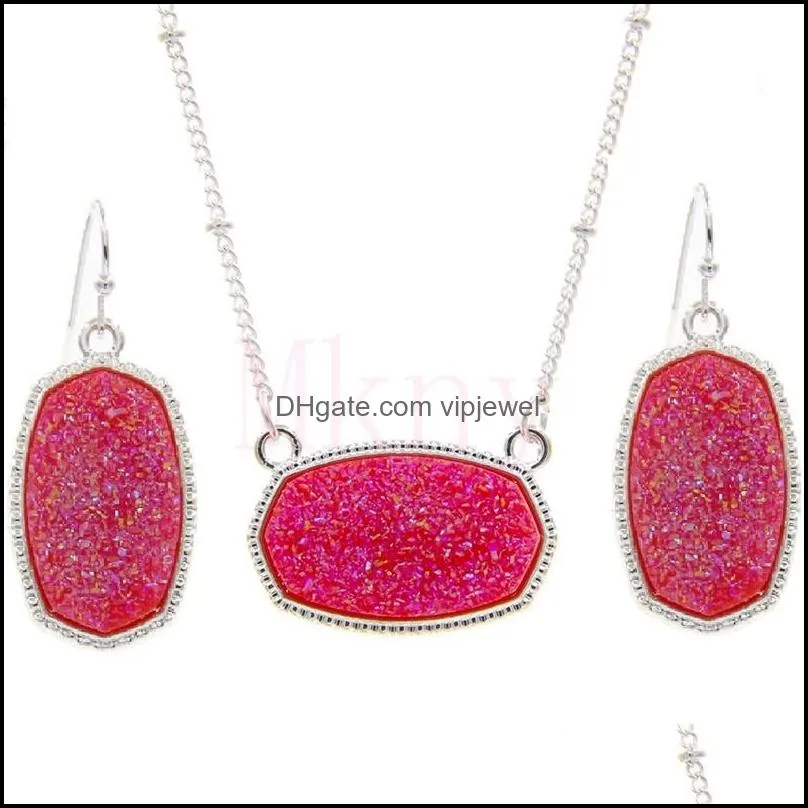 oval style resin drusy druzy silver necklace earings luxury designer jewelry set for women wedding party gift christmas