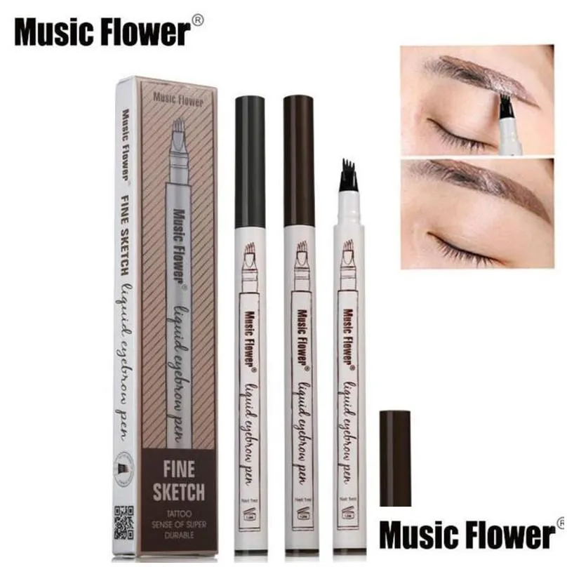 hot music flower liquid eyebrow pen enhancer four head eyebrow enhancer waterproof 3 colors chestnut brown dark grey makeup