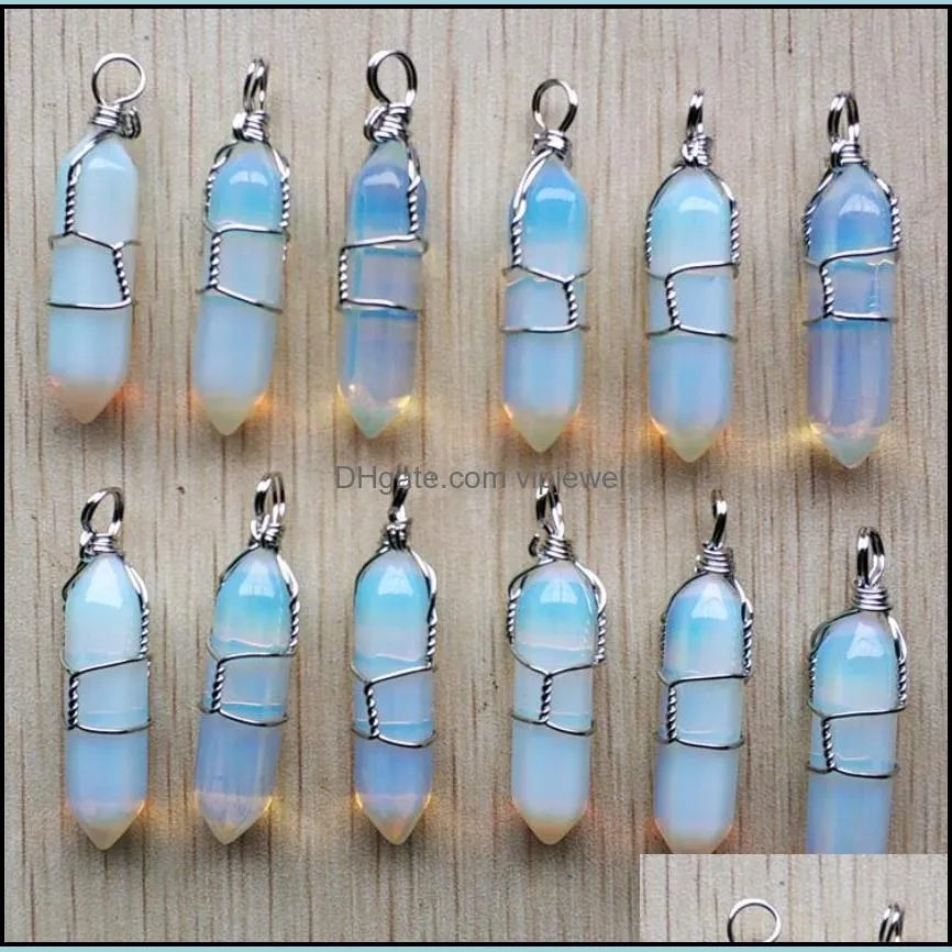 opal stone pillar shape point pendulum charms handmade silver color iron wire pendants for fashion jewelry making wholesale