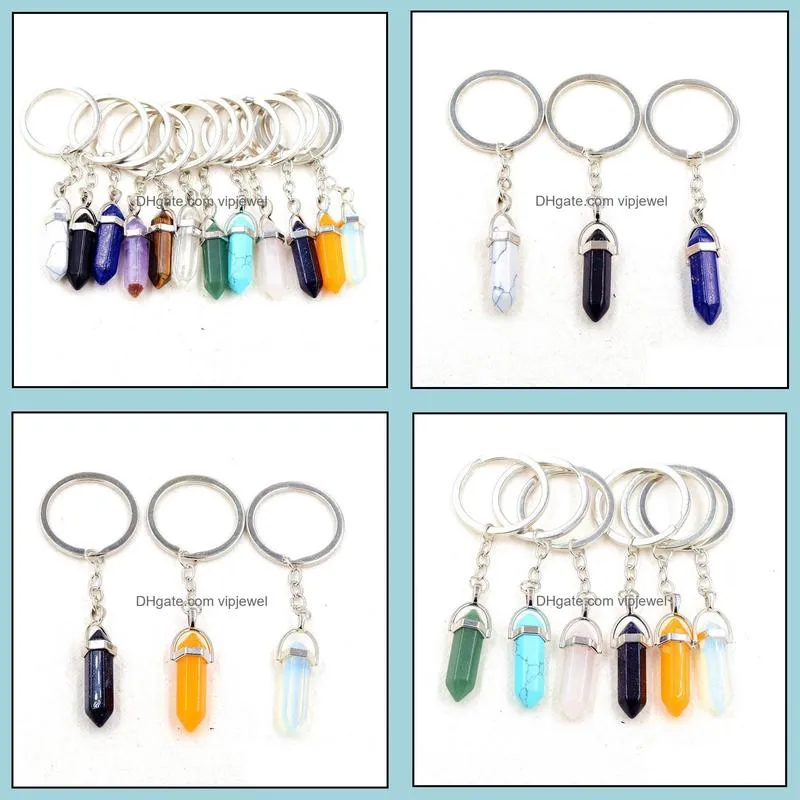 healing reiki chakra carved hexagon natural stone key rings pendant keychain crystal chakras quartz chains jewelry accessories