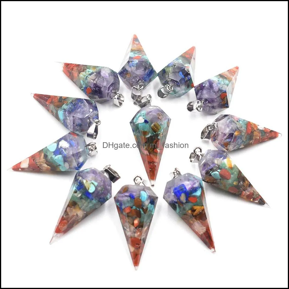 7 chakras resin hexagon pointed cone charms pendant pendulum for diy jewelry making necklaces wholesale