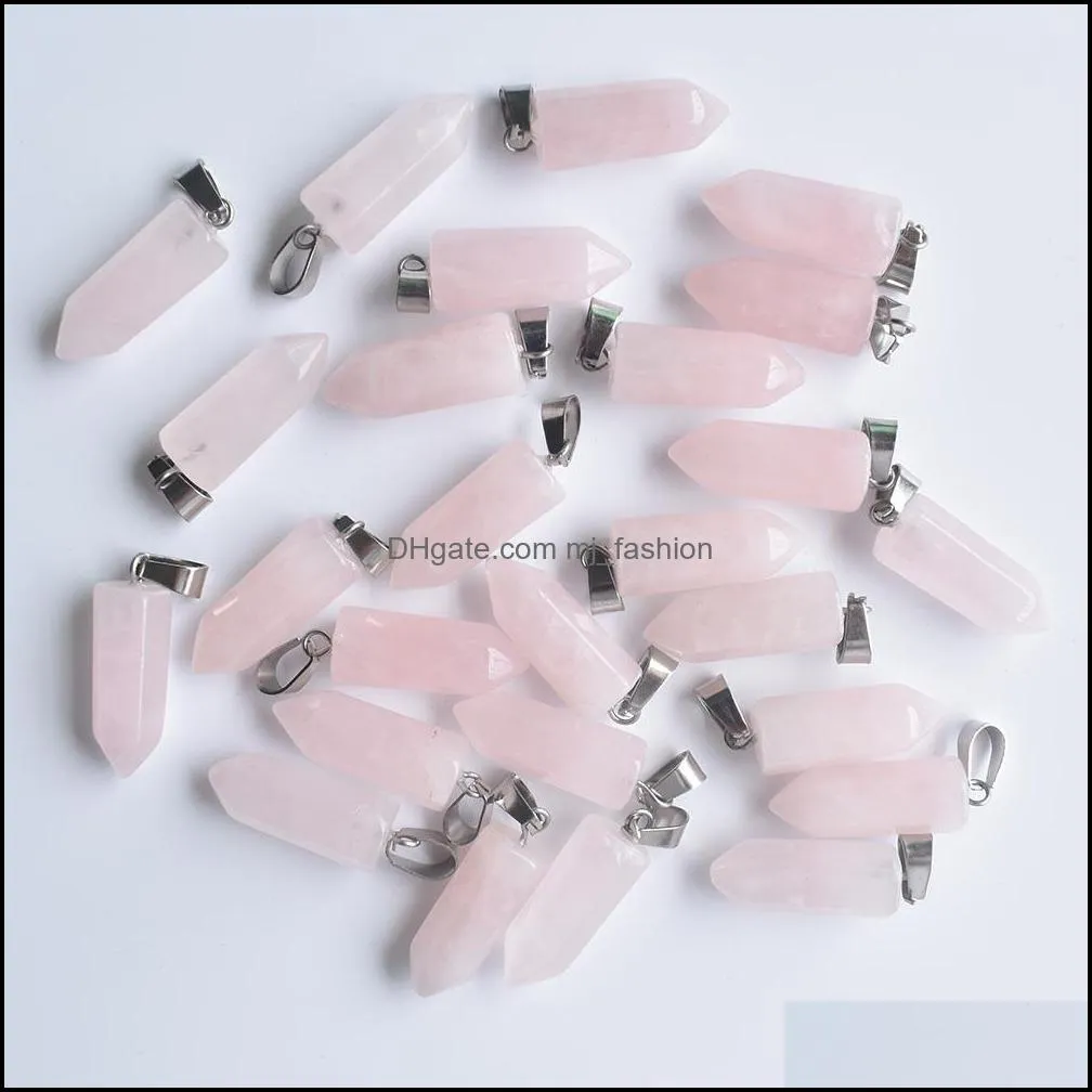 natural stone pink hexagonal pillar bullet shape charms rose quartz stone chakra pendants for jewelry making wholesale