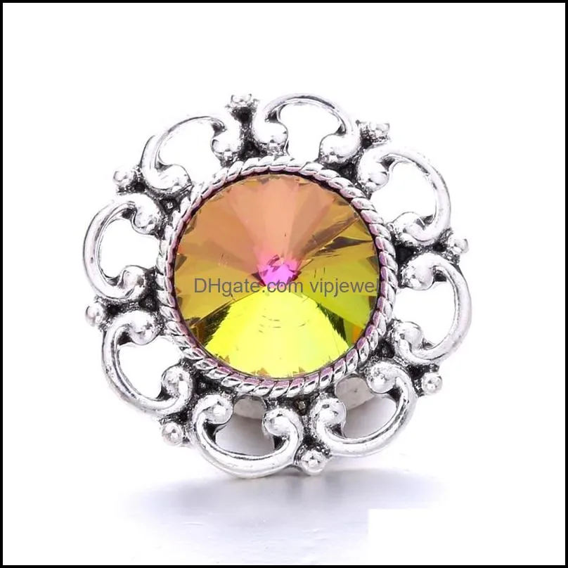 colorful rainbow crystal vintage silver color snap button charms women jewelry findings rhinestone 18mm metal snaps buttons diy bracelet