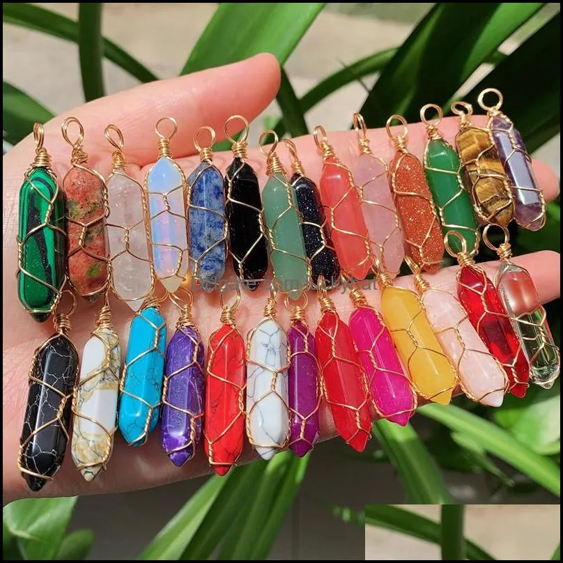 natural crystal stone reiki chakra charms gold wire wrap multicolor rose quartz purple amethyst bullet point hexagonal pendulum