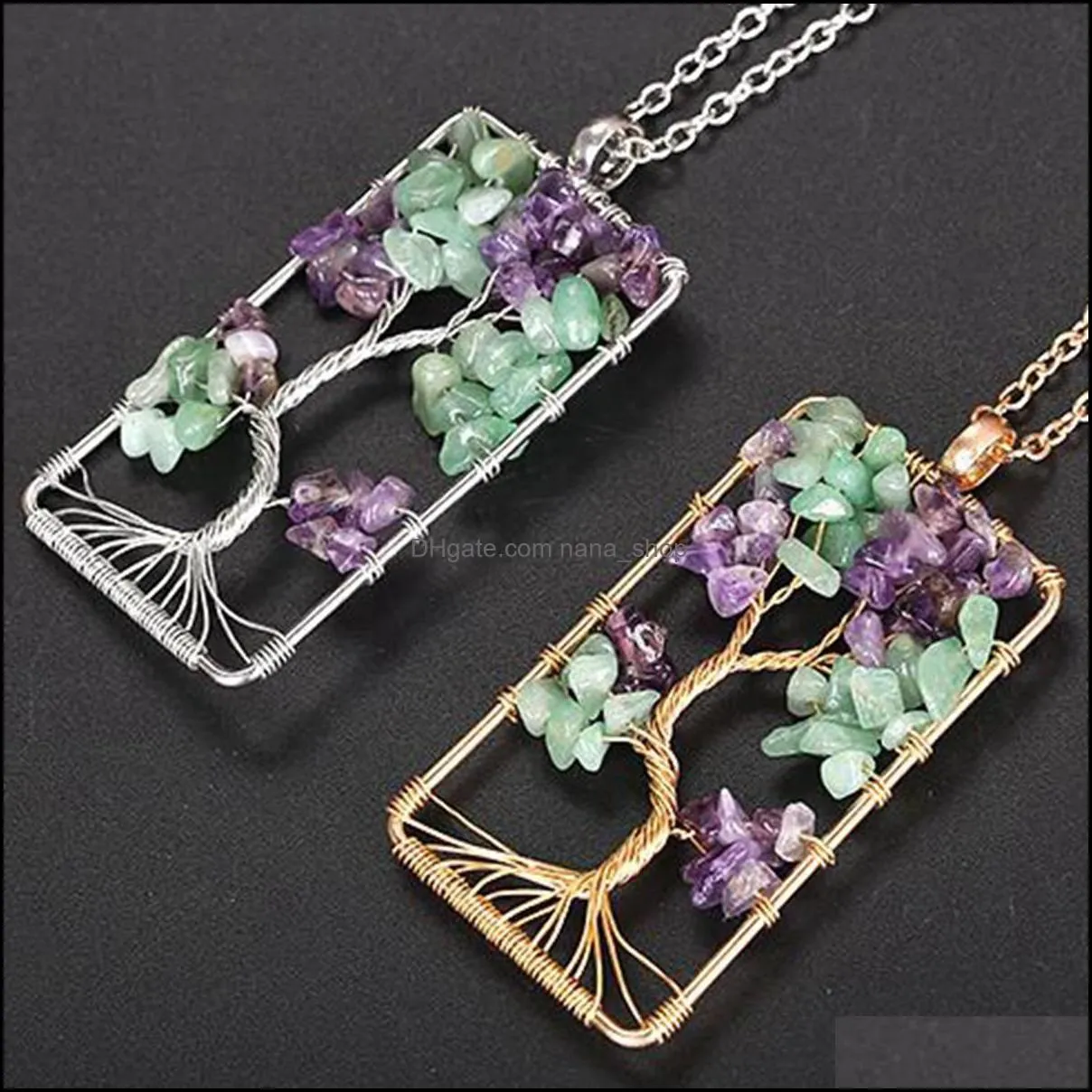 rectangle winding tree of life pendant necklace handmade amethystaddgreen aventurine stones chakra jewelry for women and men