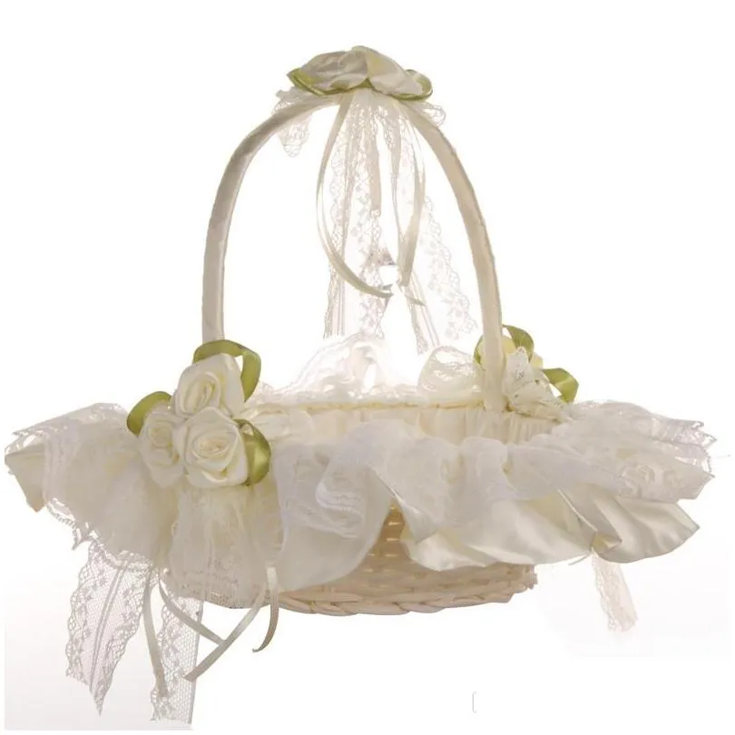 white ostrich feather flower girl basket elegant lace rhinestone bridal flower basket wedding favors wedding accessories