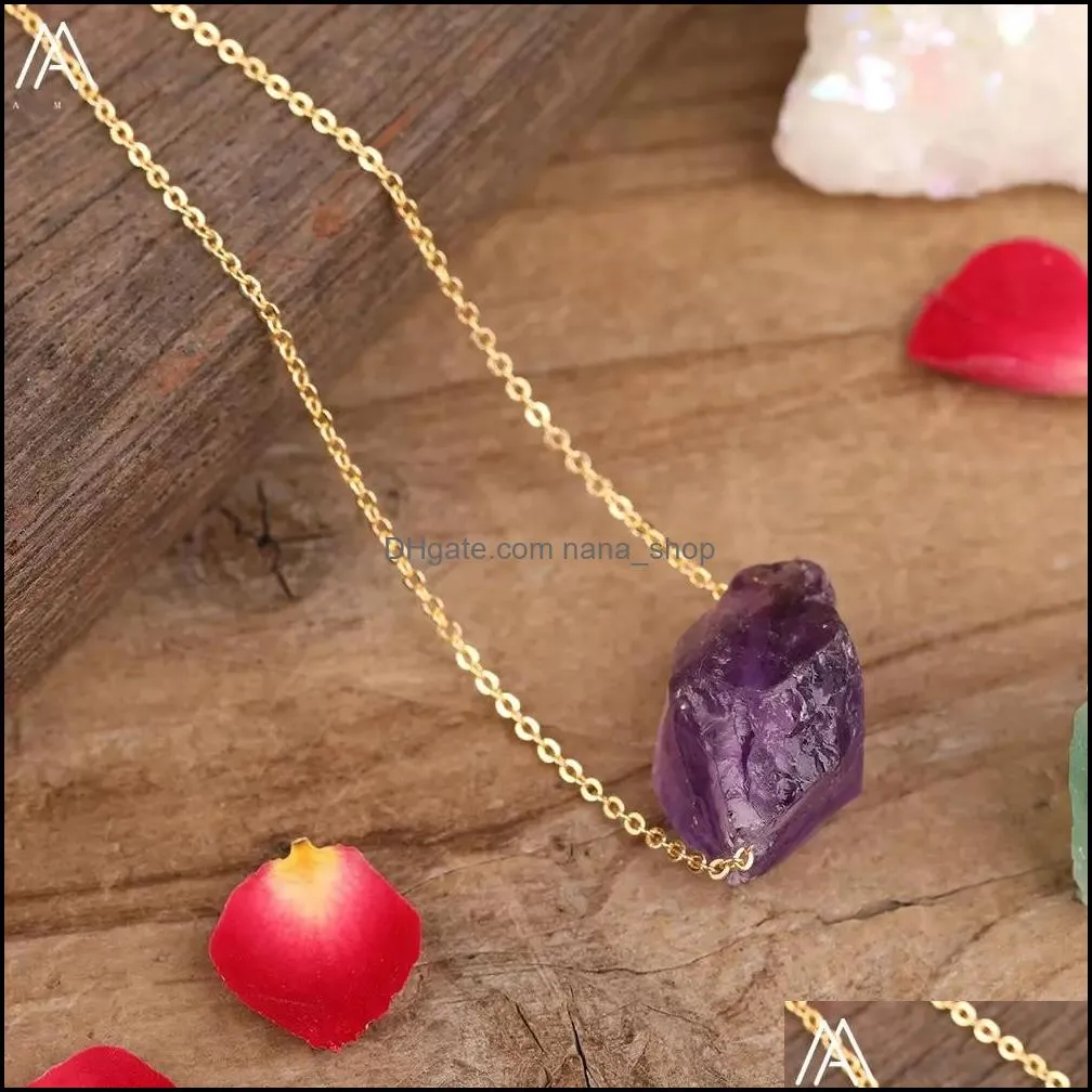 18k gold link natural stone irregular druzy pendant necklace pink crystal amthyst healing crystal chakra charms pendulum necklaces for women