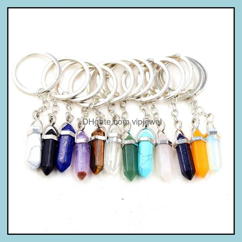 healing reiki chakra carved hexagon natural stone key rings pendant keychain crystal chakras quartz chains jewelry accessories